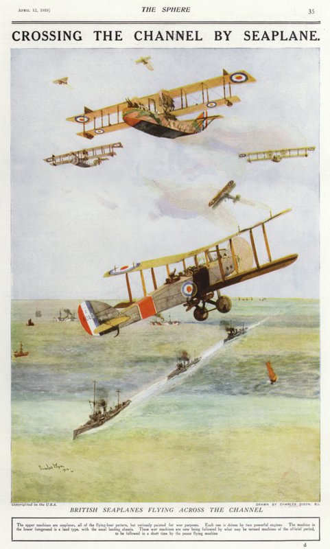Hidroaviones británicos volando sobre el Canal de la Mancha (litografía en color) de Charles Edward (after) Dixon
