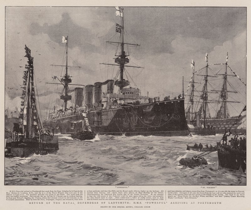 Retorno de los Defensores Navales de Ladysmith, HMS Powerful llegando a Portsmouth de Charles Edward Dixon