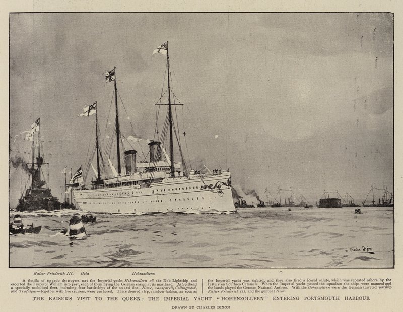 La Visita del Kaiser a la Reina, el Yate Imperial Hohenzollern entrando en el Puerto de Portsmouth de Charles Edward Dixon