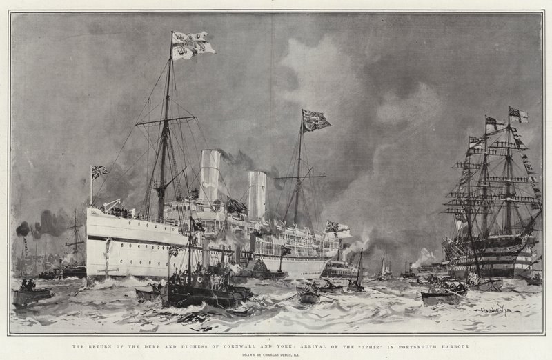El regreso del duque y la duquesa de Cornualles y York, llegada del Ophir al puerto de Portsmouth de Charles Edward Dixon