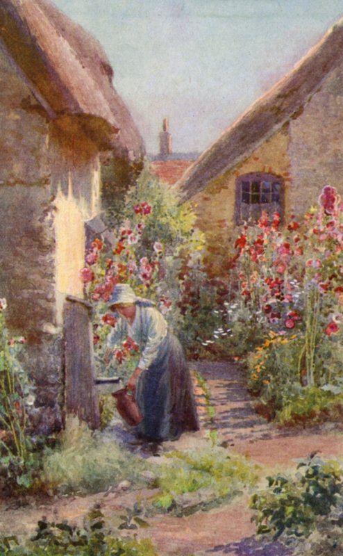Malvarrosas en un jardín de cabaña de Charles Edwin Flower