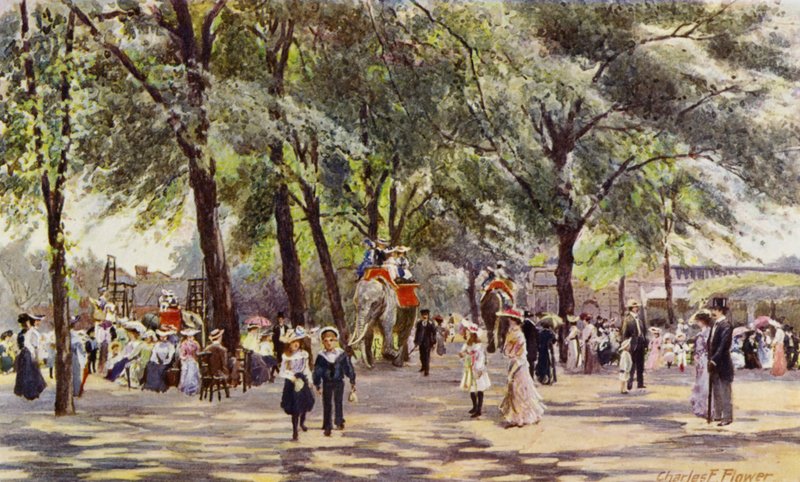 Zoológico de Londres: Broad Walk, with Elephants (litografia en color) de Charles Edwin Flower