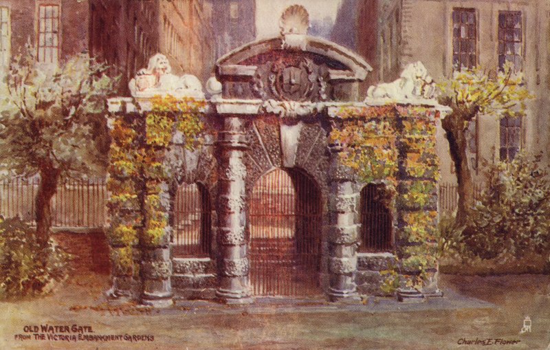 Antigua puerta de agua desde los jardines del Victoria Embankment en Londres de Charles Edwin Flower