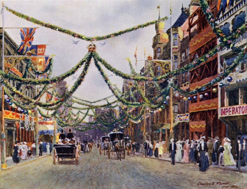Calle St James, decorada para el 26 de junio de 1902 de Charles Edwin Flower