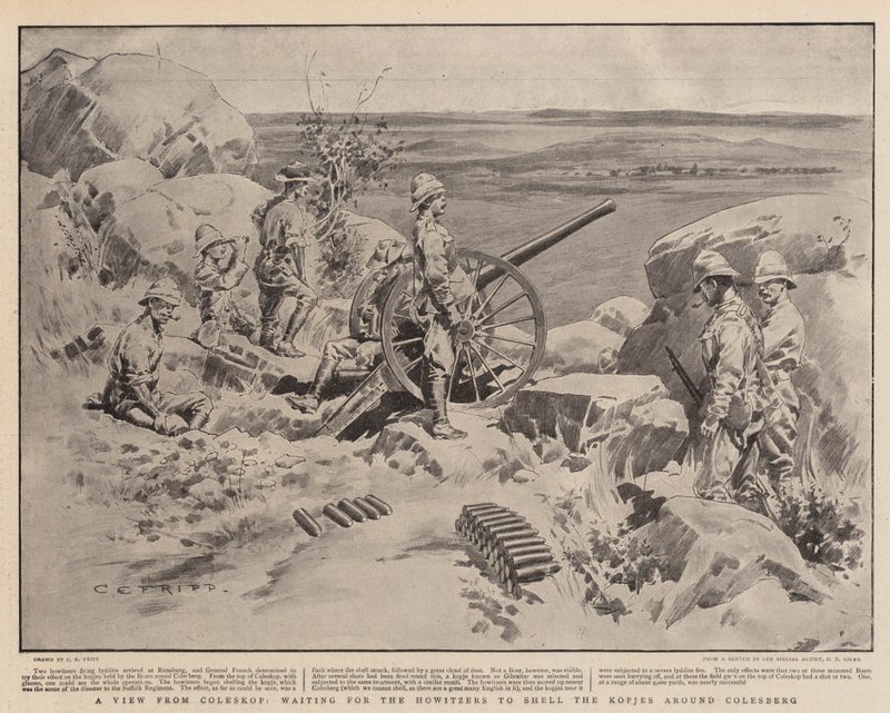 Una Vista desde Coleskop, esperando que los Obuses Bombardeen los Kopjes alrededor de Colesberg de Charles Edwin Fripp