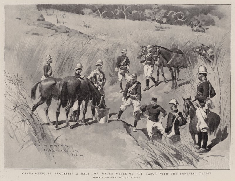 Campaña en Rodesia, una parada para agua mientras marchan con las tropas imperiales de Charles Edwin Fripp
