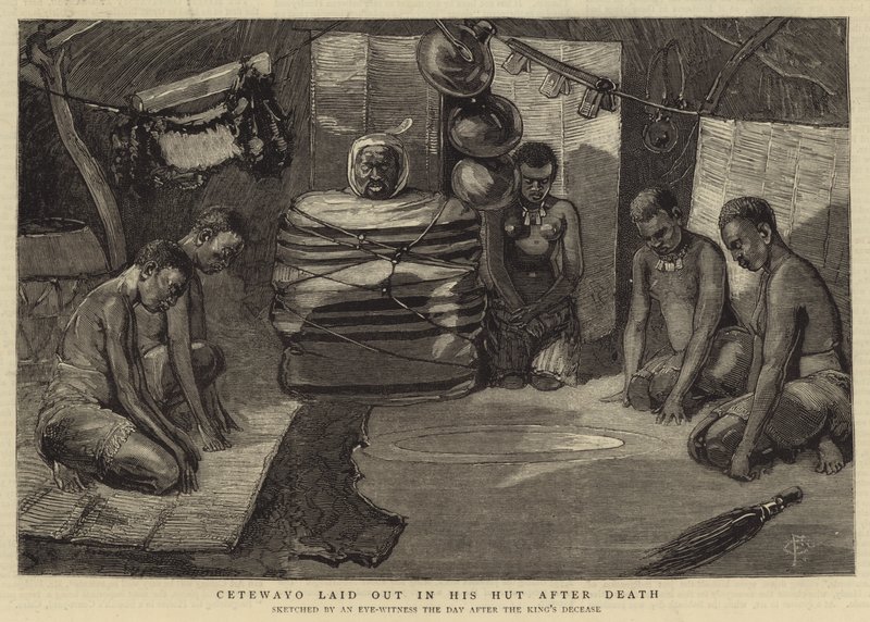 Cetewayo tendido en su cabaña después de la muerte de Charles Edwin Fripp