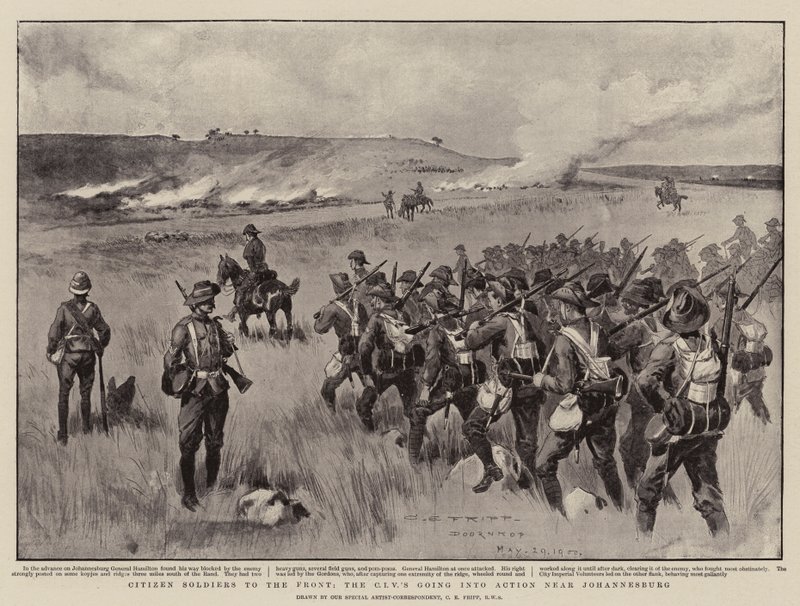 Soldados ciudadanos al frente, los CIV entrando en acción cerca de Johannesburgo de Charles Edwin Fripp