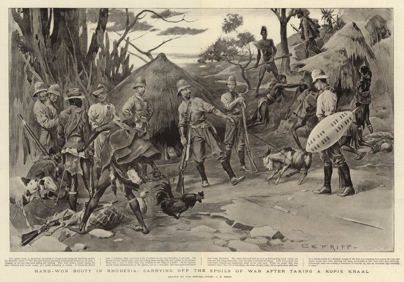 Botín duramente ganado en Rodesia, llevándose los despojos de guerra después de tomar un kraal de Kopje de Charles Edwin Fripp