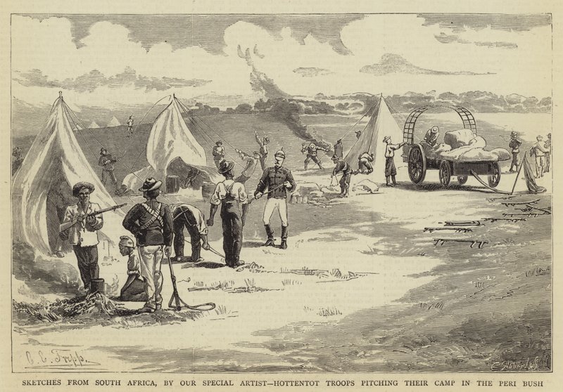 Bocetos de Sudáfrica, tropas hotentotes montando su campamento en el Peri Bush de Charles Edwin Fripp