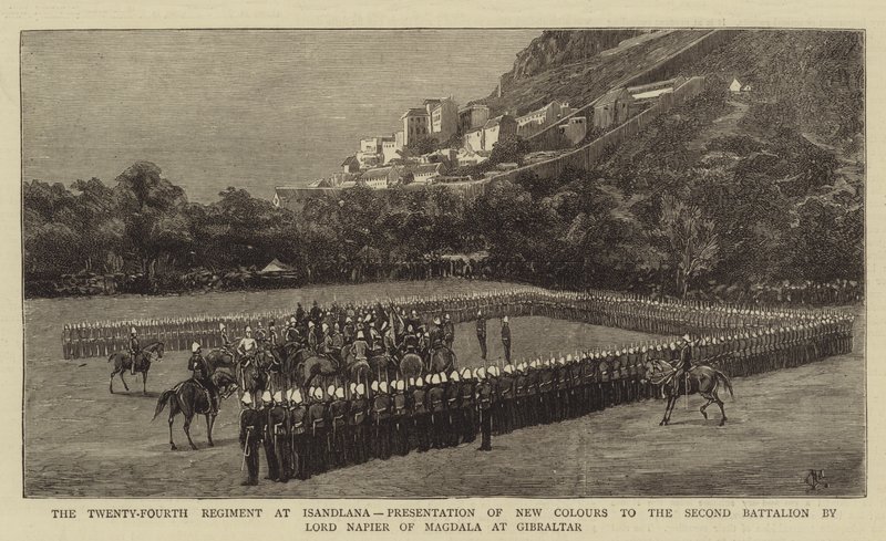 El Vigésimo Cuarto Regimiento en Isandlana, Presentación de Nuevos Colores al Segundo Batallón por Lord Napier de Magdala en Gibraltar de Charles Edwin Fripp