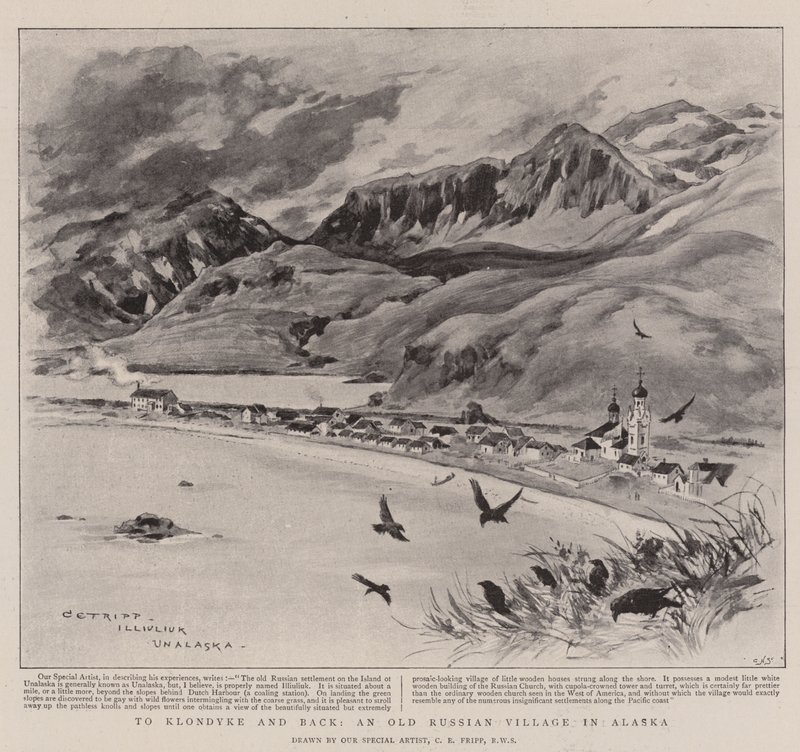 Al Klondike y de vuelta, un viejo pueblo ruso en Alaska (litografía) de Charles Edwin Fripp