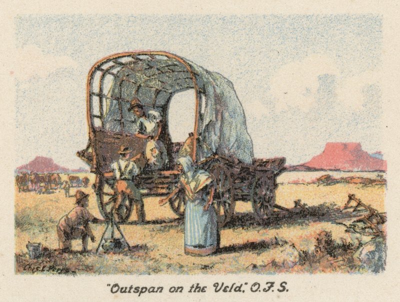 Sudáfrica: "Outspan on the Veld", OFS (litografía en color) de Charles Ernest Peers