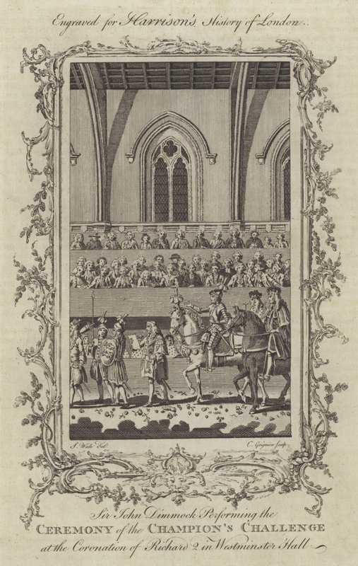 Sir John Dimmock Realizando la Ceremonia del Desafío del Campeón en la Coronación de Ricardo II en Westminster Hall, 1377 de Charles Grignion