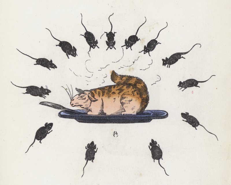 Gato glotón en un plato rodeado de ratones hambrientos de Charles Henry (after) Bennett