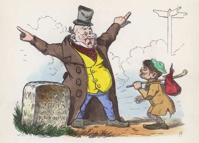 Hombre dando direcciones confusas a un viajero en el camino a Londres de Charles Henry (after) Bennett