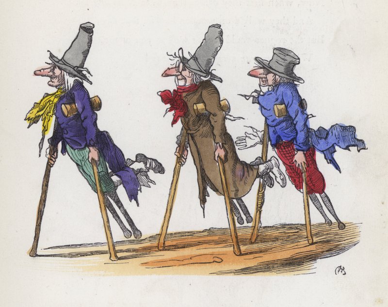 Tres mendigos discapacitados (grabado coloreado) de Charles Henry (after) Bennett