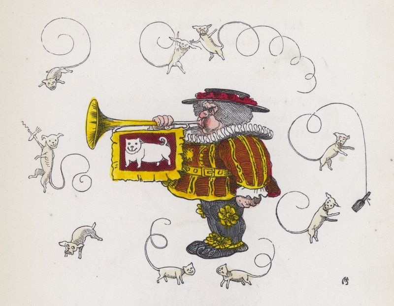 Pregonero tocando una trompeta, rodeado de perros con colas rizadas (grabado coloreado) de Charles Henry (after) Bennett
