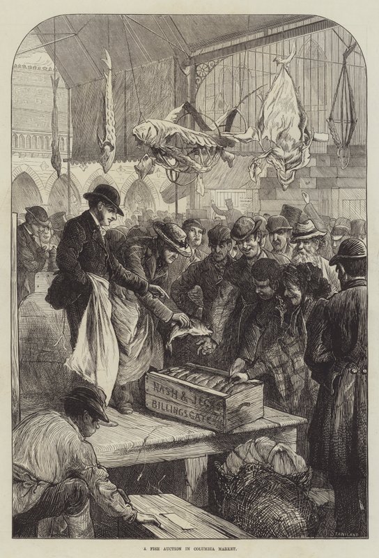 Subasta de pescado en el mercado de Columbia (grabado) de Charles J. (after) Staniland