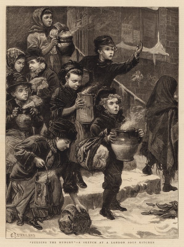 Alimentando a los hambrientos, un boceto en una cocina de sopa de Londres de Charles J. Staniland