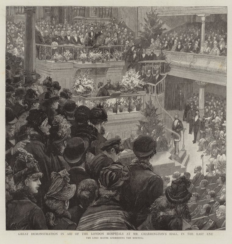 Gran demostración en ayuda de los hospitales de Londres en el salón del Sr. Charrington, en el East End de Charles J. Staniland