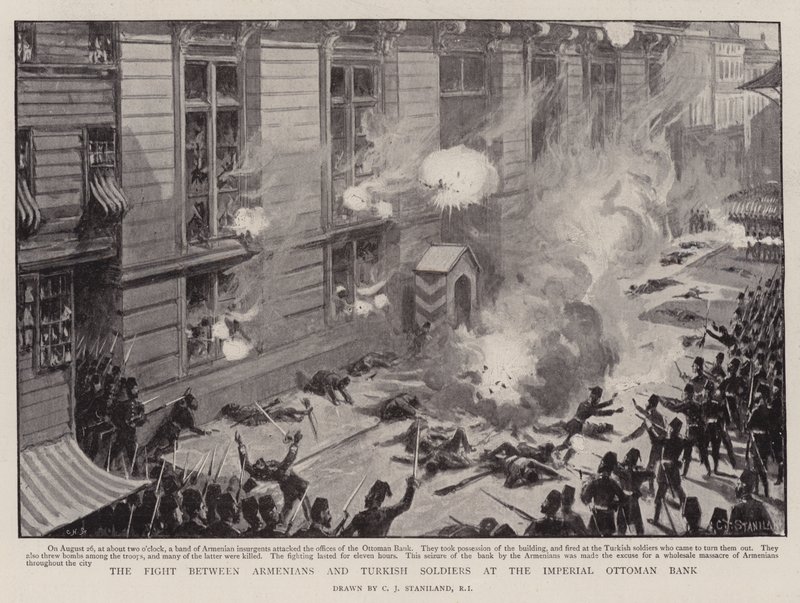 La lucha entre armenios y soldados turcos en el Banco Imperial Otomano de Charles J. Staniland
