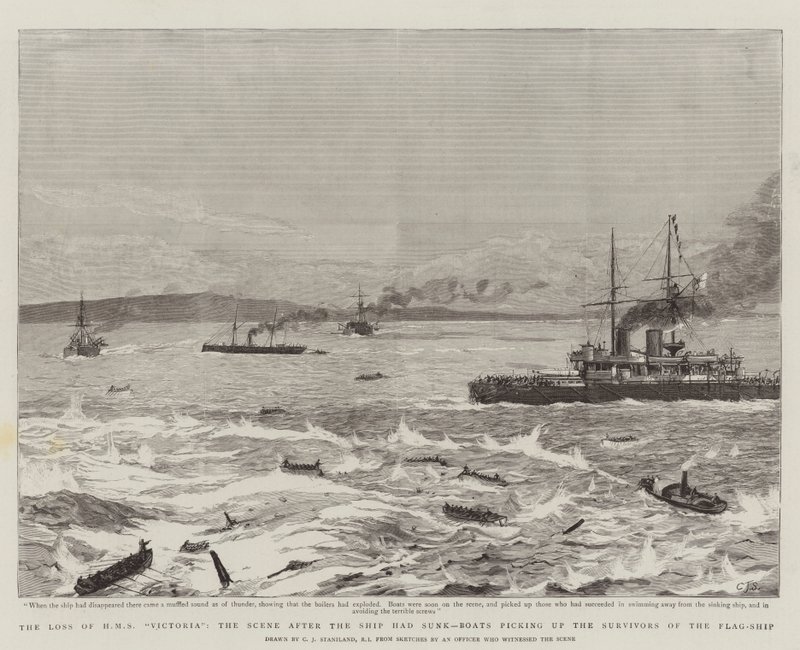 La pérdida del HMS Victoria, la escena después de que el barco se hundiera, botes recogiendo a los sobrevivientes del buque insignia de Charles J. Staniland