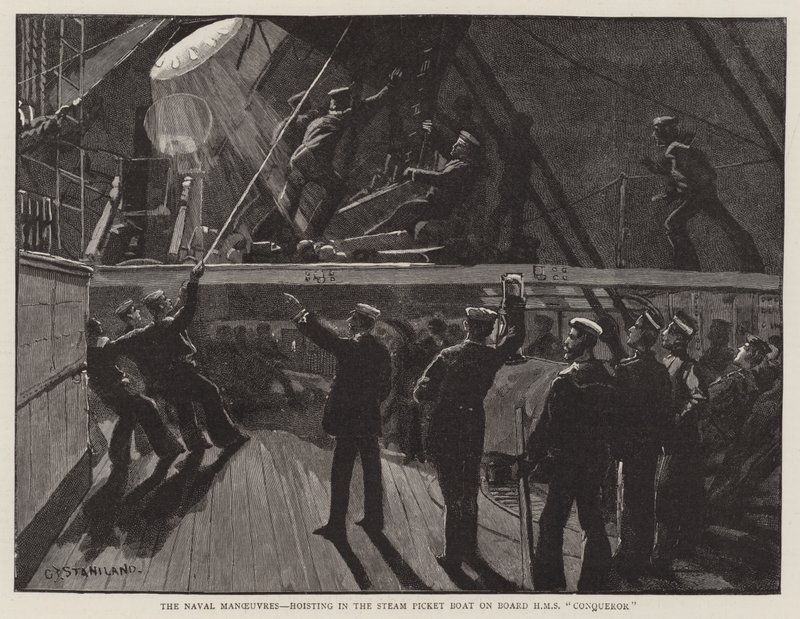 Las maniobras navales, izando el bote de vapor a bordo del HMS Conqueror de Charles J. Staniland