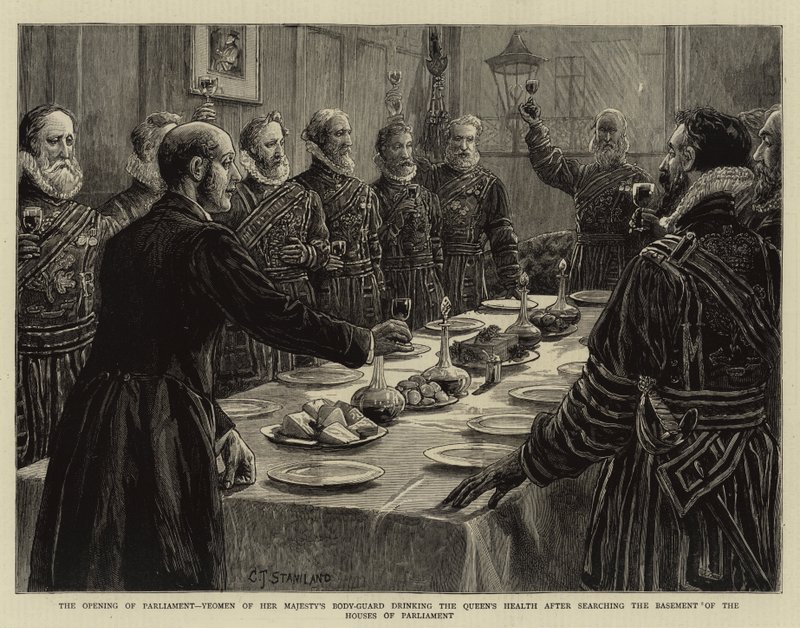 La apertura del Parlamento, los Yeomen de la Guardia del Cuerpo de Su Majestad bebiendo a la salud de la Reina después de registrar el sótano de las Casas del Parlamento de Charles J. Staniland
