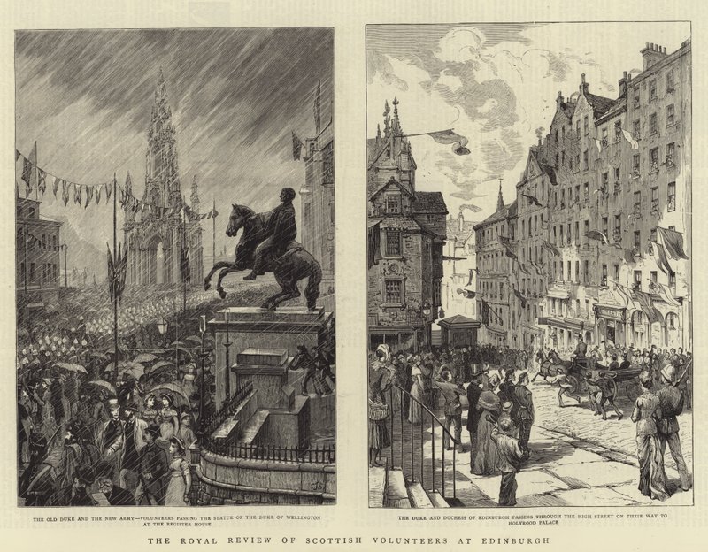 La revisión real de los voluntarios escoceses en Edimburgo de Charles J. Staniland