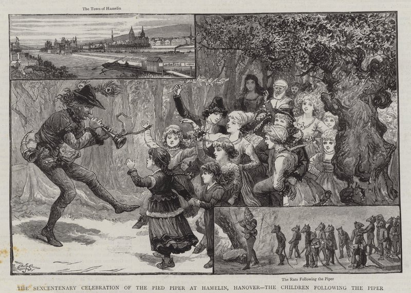 La celebración del sexcentenario del Flautista de Hamelín, Hannover, los niños siguiendo al flautista de Charles J. Staniland