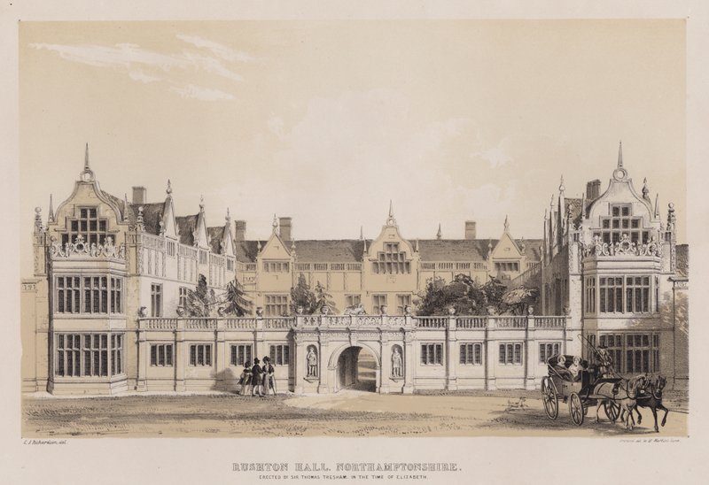 Rushton Hall, Northamptonshire, erigido por Sir Thomas Tresham, en la época de Isabel de Charles James Richardson