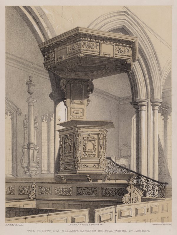 El púlpito, Iglesia All Hallows Barking, Tower Street, Londres de Charles James Richardson