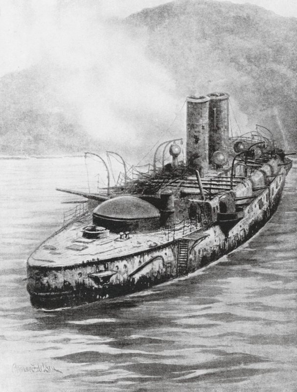 El crucero blindado español Oquendo tras el combate naval de 1898 (litografía) de Charles John de (after) Lacy