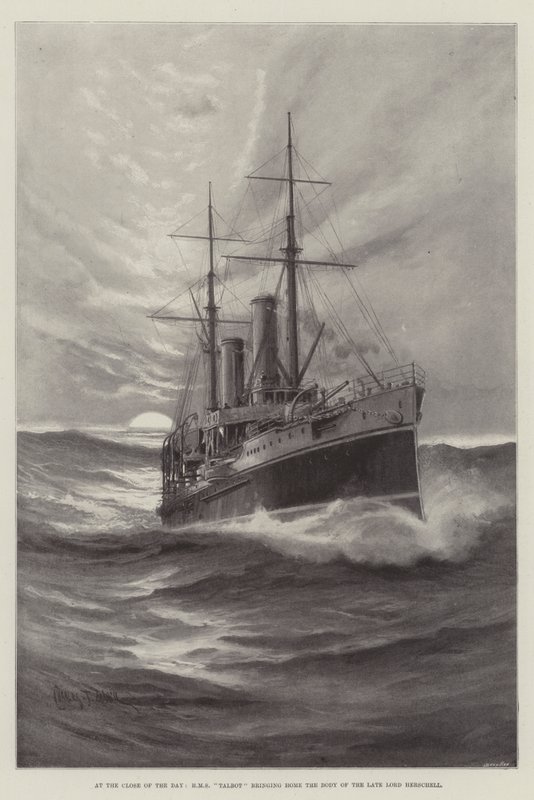 Al final del día, HMS Talbot trayendo el cuerpo del difunto Lord Herschell de Charles John de Lacy