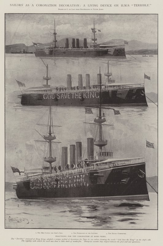 Marineros como decoración de coronación, un dispositivo viviente en el HMS Terrible de Charles John de Lacy
