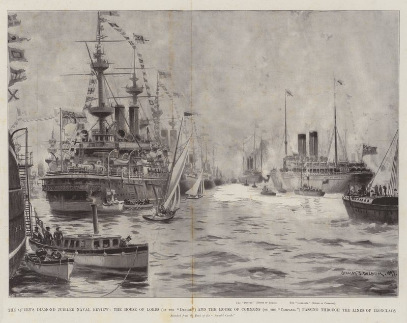 Revisión naval del jubileo de diamante de la reina, la Cámara de los Lores (en el Danubio) y la Cámara de los Comunes (en el Campania) pasando por las líneas de acorazados de Charles John de Lacy