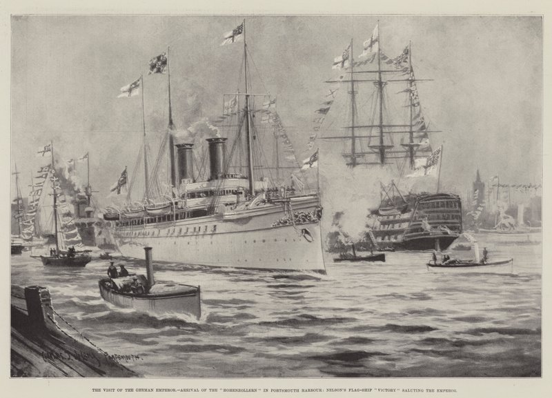 La Visita del Emperador Alemán, Llegada del Hohenzollern al Puerto de Portsmouth, el Buque Insignia de Nelson Victory saludando al Emperador de Charles John de Lacy
