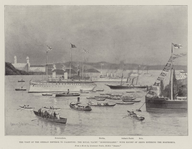 La visita del emperador alemán a Palestina, el yate real Hohenzollern con escolta de barcos entrando en el Bósforo de Charles John de Lacy
