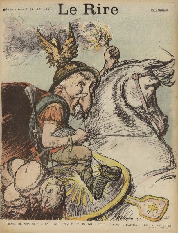 Caricatura del primer ministro francés Emile Combes como Atila el Huno. Ilustración para Le Rire de Charles Leandre