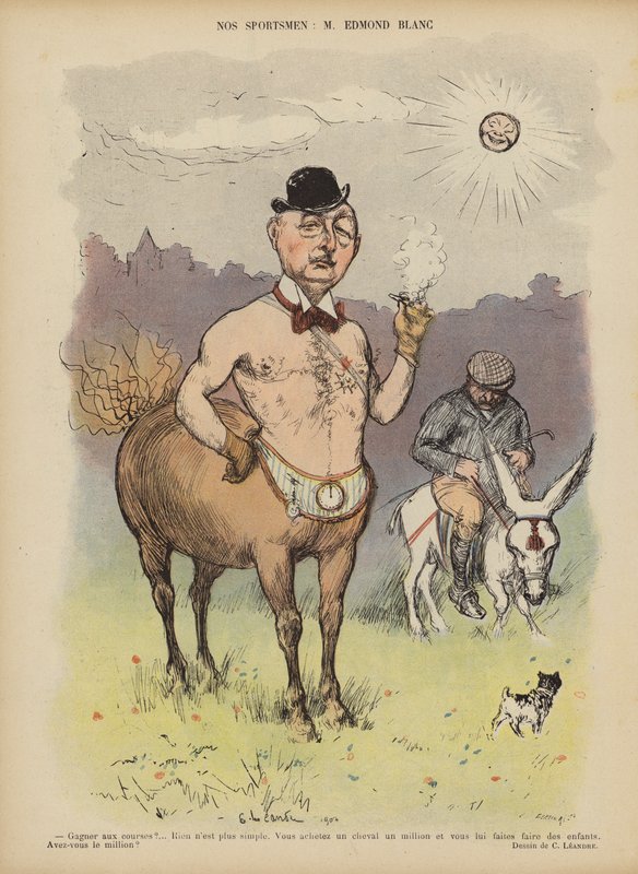 Edmond Blanc, propietario y criador de caballos de carreras francés. Ilustración para Le Rire de Charles Leandre