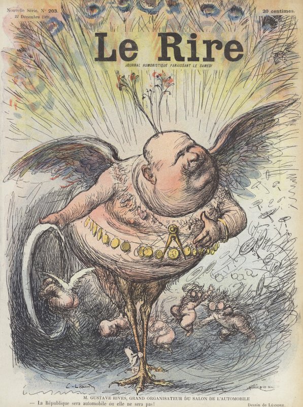 Gustave Rives, arquitecto francés y organizador del Salón del Automóvil de París. Ilustración para Le Rire de Charles Leandre