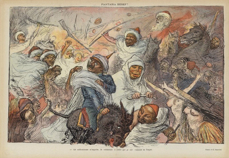 Sátira sobre la visita del Kaiser Guillermo II a Tánger en 1905. Ilustración para Le Rire de Charles Leandre