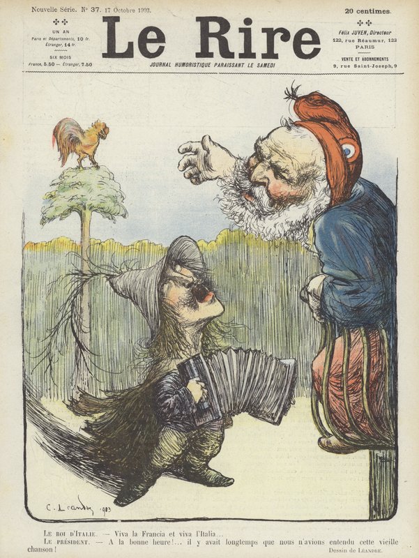 El rey de Italia y el presidente de Francia. Ilustración para Le Rire de Charles Leandre
