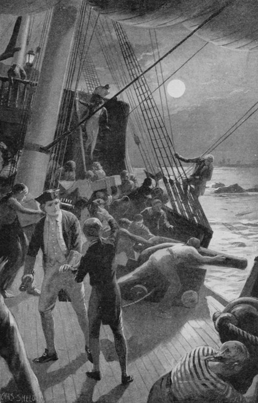 El barco del Capitán Cook en peligro, la tripulación arrojó los cañones por la borda (litografía) de Charles Mills (after) Sheldon