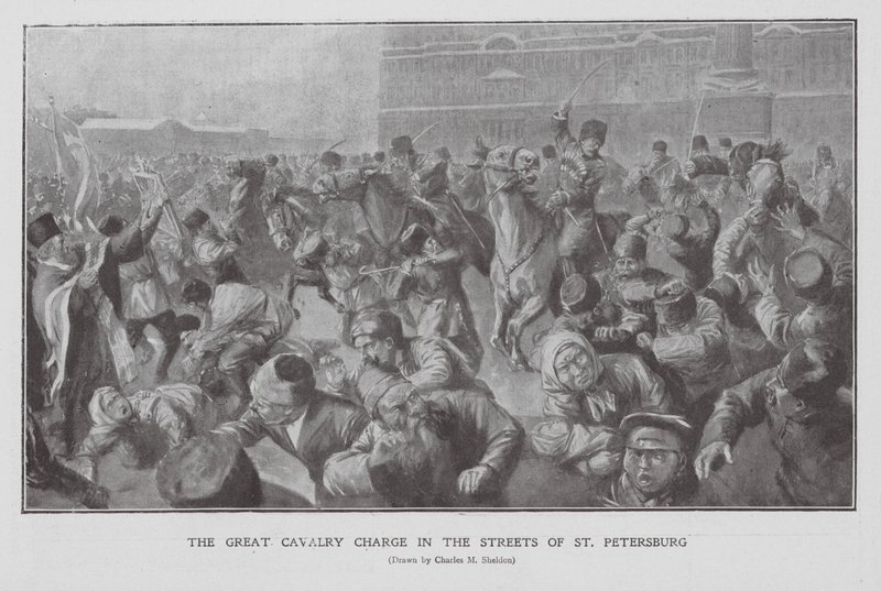 Caballería cargando contra una multitud en las calles de San Petersburgo, Primera Revolución Rusa de Charles Mills (after) Sheldon