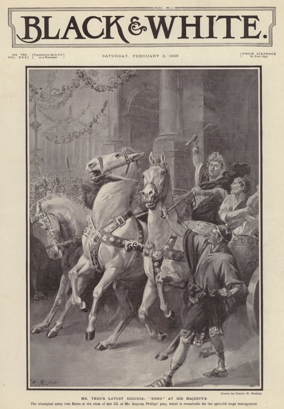 El actor inglés Herbert Beerbohm Tree protagonizando una producción de la obra Nero de Stephen Phillips en el Teatro de Su Majestad, Londres de Charles Mills (after) Sheldon