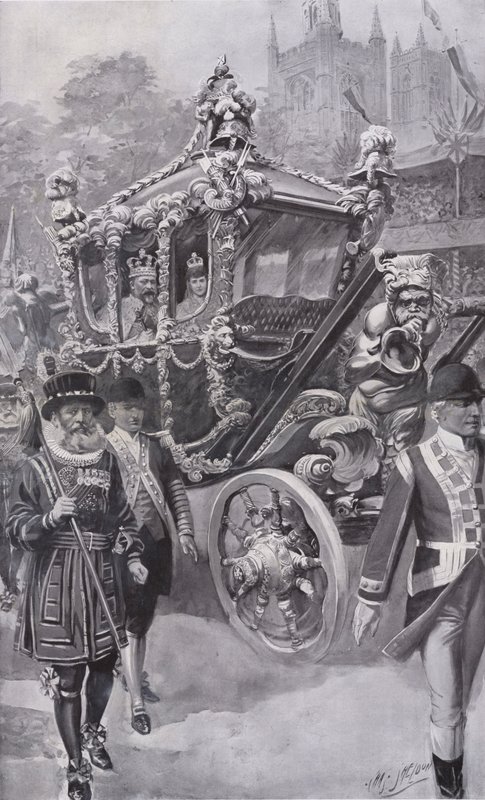 El rey Eduardo VII y la reina Alejandra en el coche estatal regresando de su coronación en la Abadía de Westminster, Londres de Charles Mills (after) Sheldon