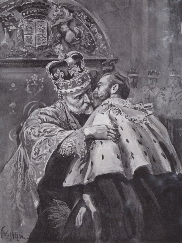 El rey Eduardo VII abrazando a su hijo, el Príncipe de Gales, en la coronación del rey, Abadía de Westminster, Londres de Charles Mills (after) Sheldon