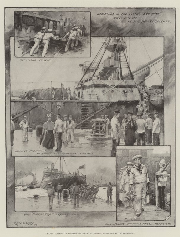 Actividad naval en el astillero de Portsmouth, salida de la escuadra volante (litografía) de Charles Murray (after) Padday